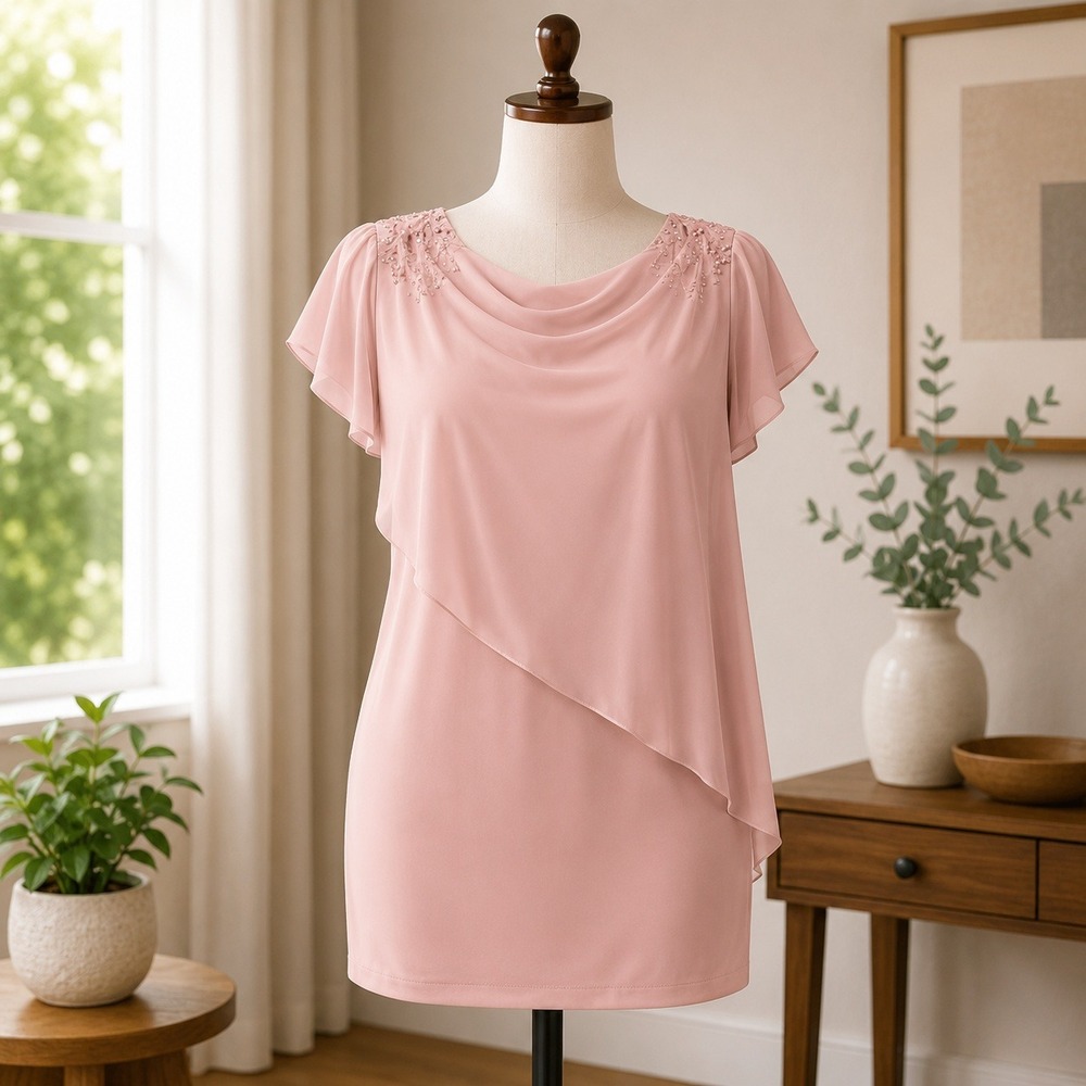 SLNY Womens Rose Pink Chiffon Overlay Beaded Shoulder Sheath Dress Size 6